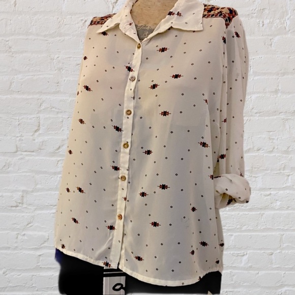 Prototype Sheer Ivory Brown Red Aztec Print Long Button Up Roll Sleeve Top - Picture 1 of 7